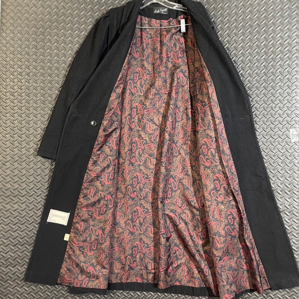Vintage Lady Suzette Andover Black Wool Long Coat Paisley Lining Made in USA‎ XL - Picture 2 of 9